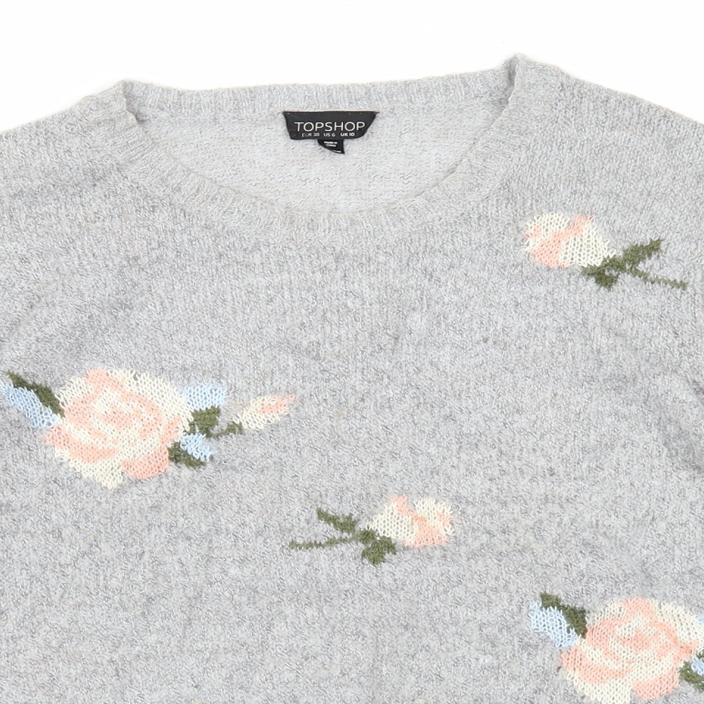 Topshop Womens Grey Scoop Neck Floral Acrylic Pullover Jumper Size 10