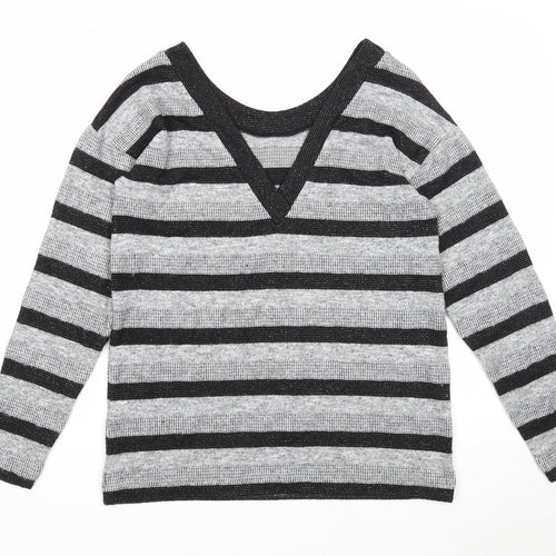 NEXT Womens Grey Scoop Neck Striped Polyester Pullover Jumper Size 12