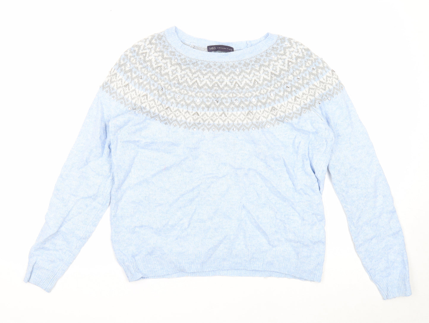Marks and Spencer Womens Blue Round Neck Fair Isle Viscose Pullover Jumper Size M