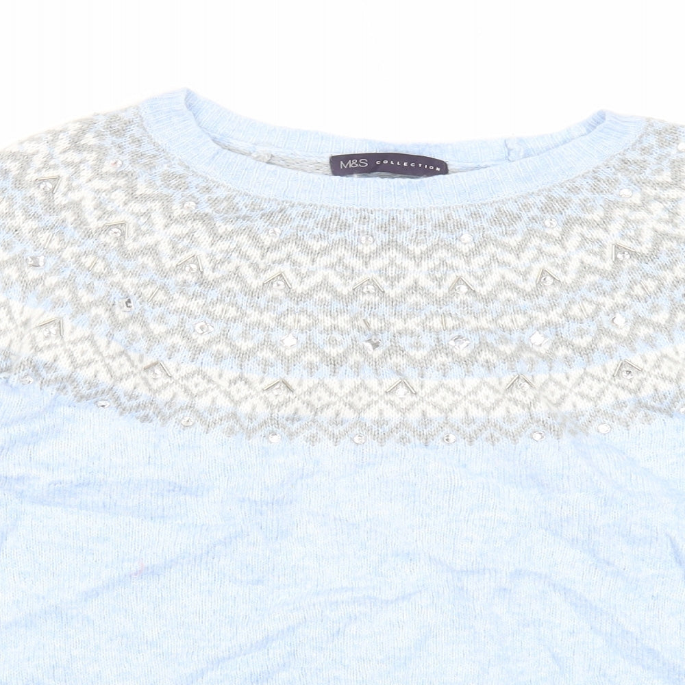 Marks and Spencer Womens Blue Round Neck Fair Isle Viscose Pullover Jumper Size M