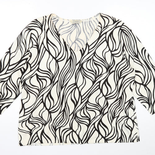 Classic Womens Ivory V-Neck Geometric Acrylic Pullover Jumper Size 20