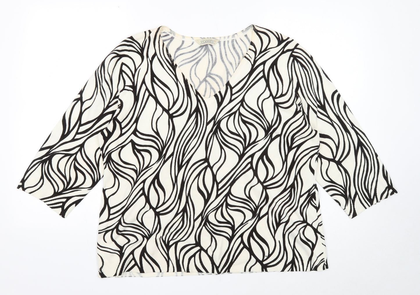 Classic Womens Ivory V-Neck Geometric Acrylic Pullover Jumper Size 20