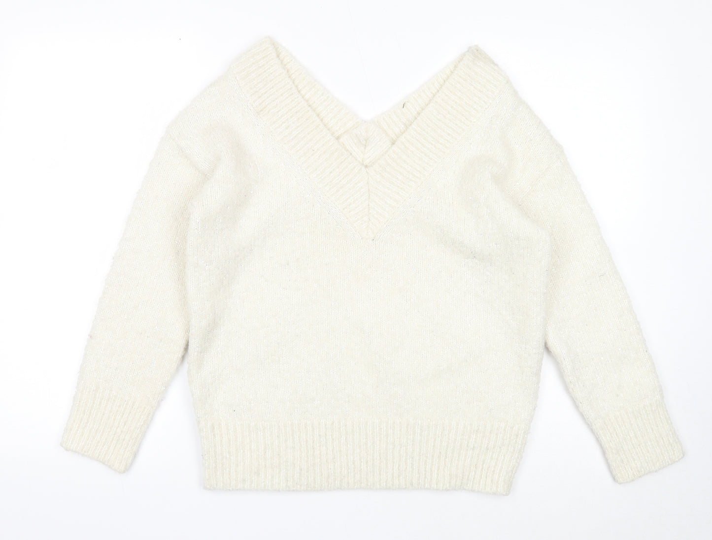 TU Womens White V-Neck Polyester Pullover Jumper Size 12