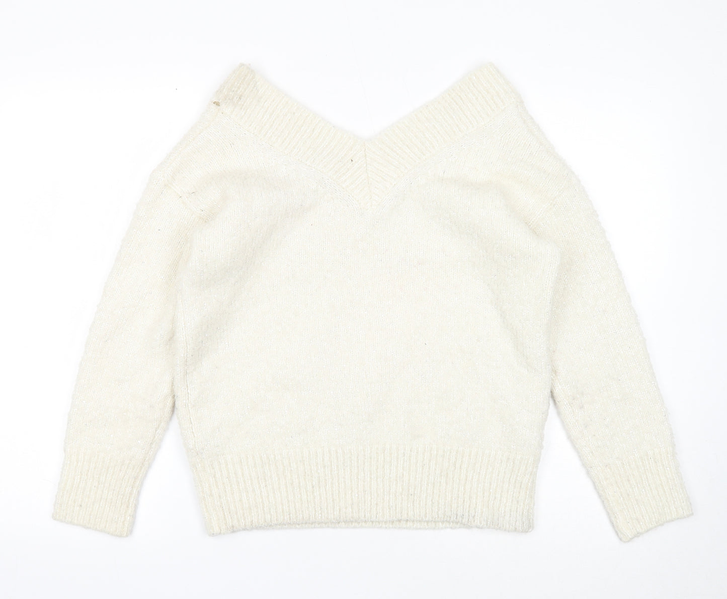 TU Womens White V-Neck Polyester Pullover Jumper Size 12