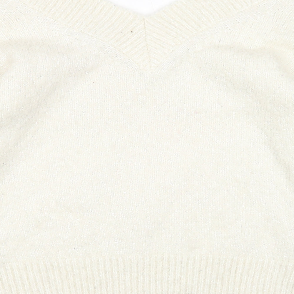 TU Womens White V-Neck Polyester Pullover Jumper Size 12