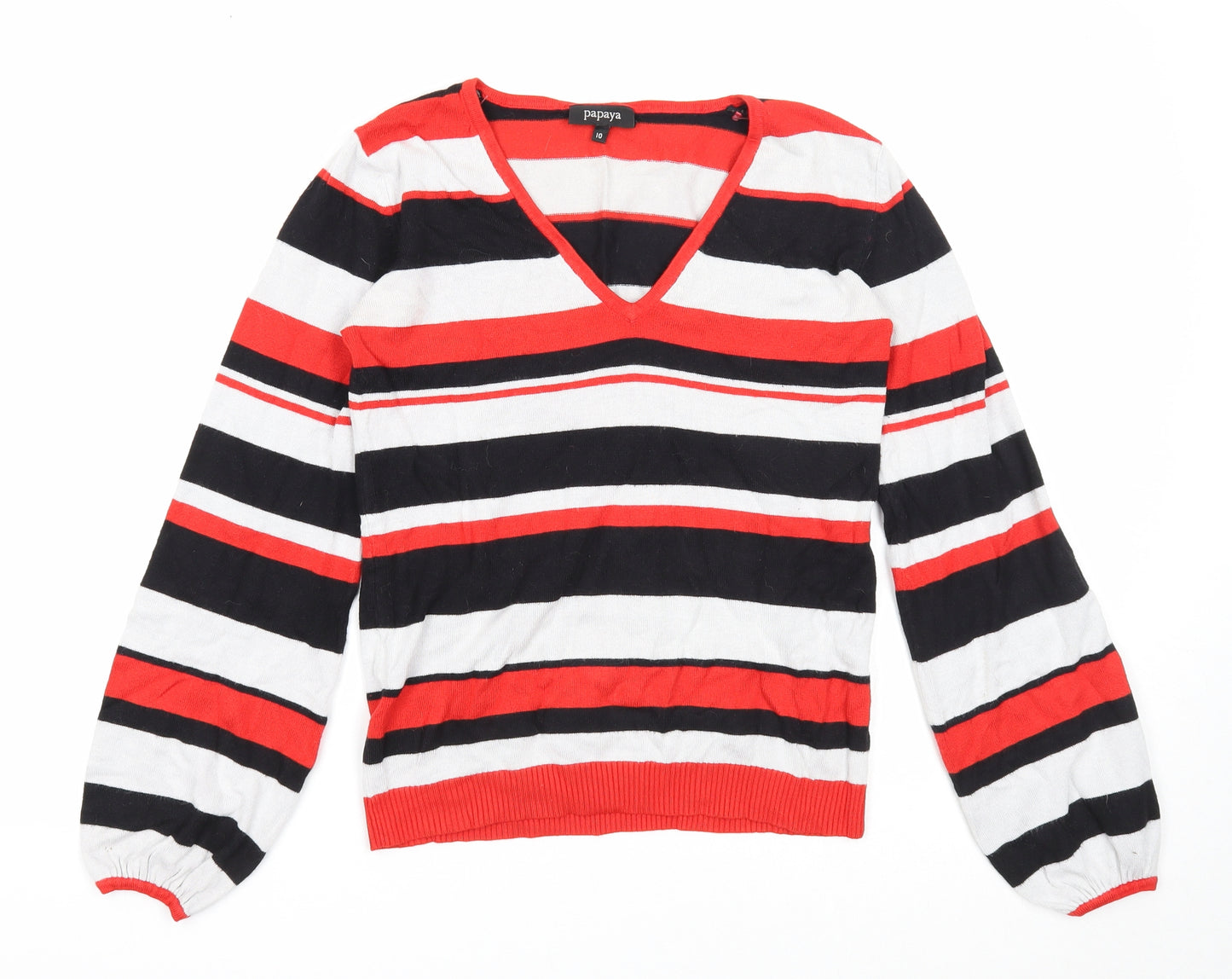Papaya Womens Multicoloured V-Neck Striped Acrylic Pullover Jumper Size 10