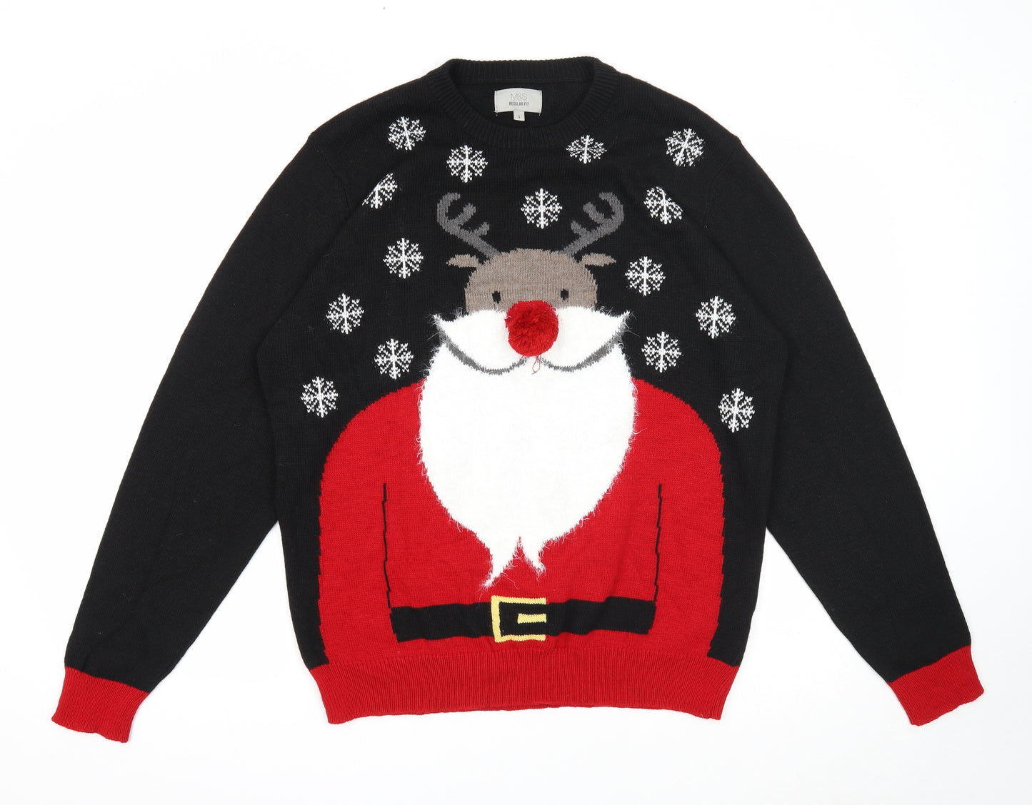 Marks and Spencer Mens Black Round Neck Geometric Acrylic Pullover Jumper Size L - Father Christmas Rudolph