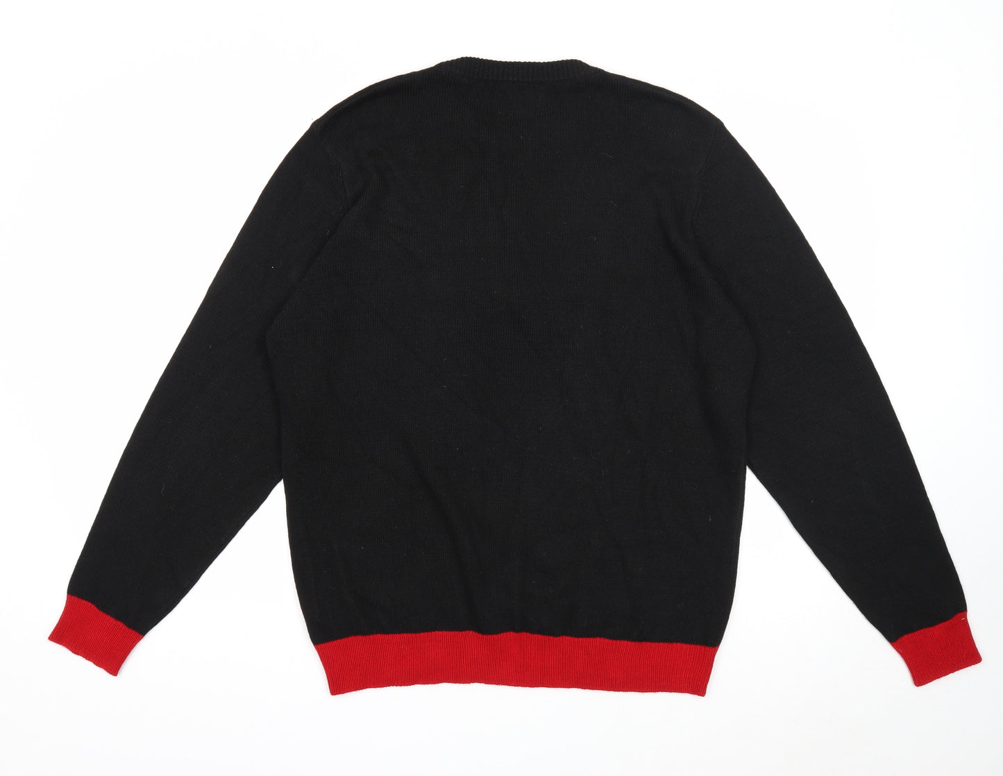 Marks and Spencer Mens Black Round Neck Geometric Acrylic Pullover Jumper Size L - Father Christmas Rudolph