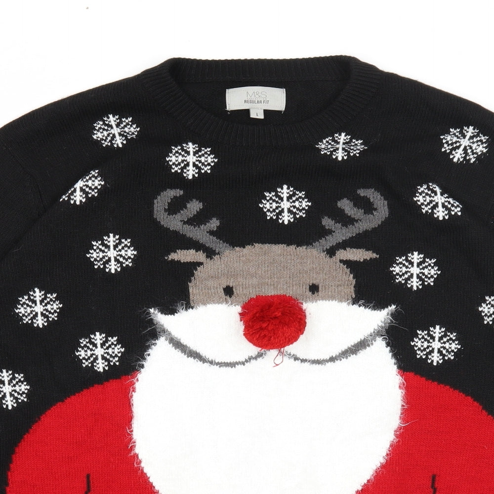 Marks and Spencer Mens Black Round Neck Geometric Acrylic Pullover Jumper Size L - Father Christmas Rudolph