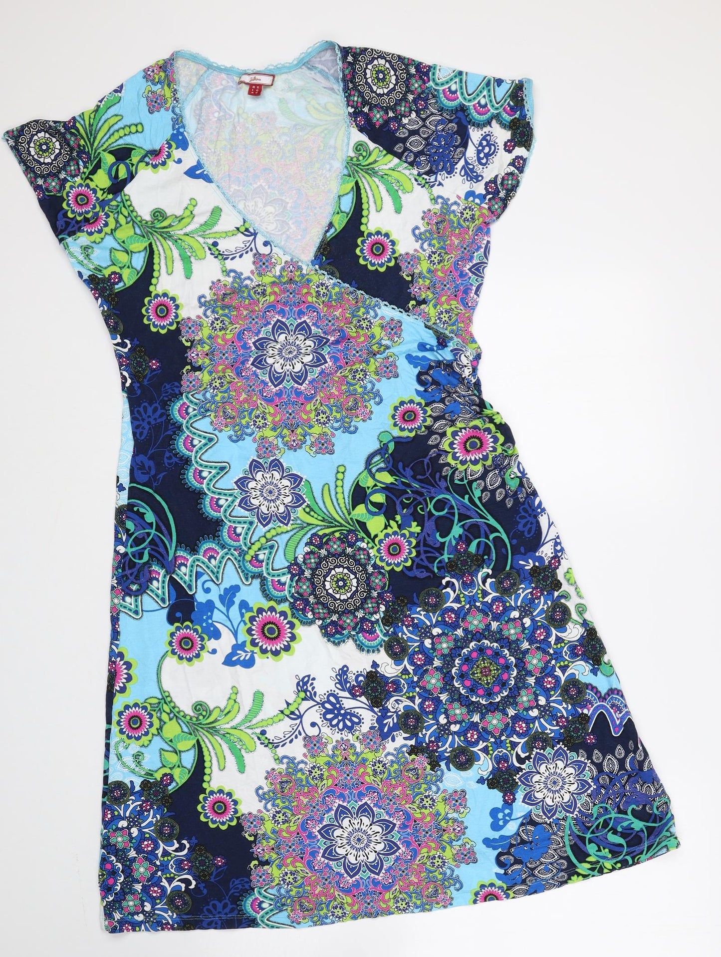 Joe Browns Womens Blue Geometric Viscose A-Line Size 16 V-Neck Pullover