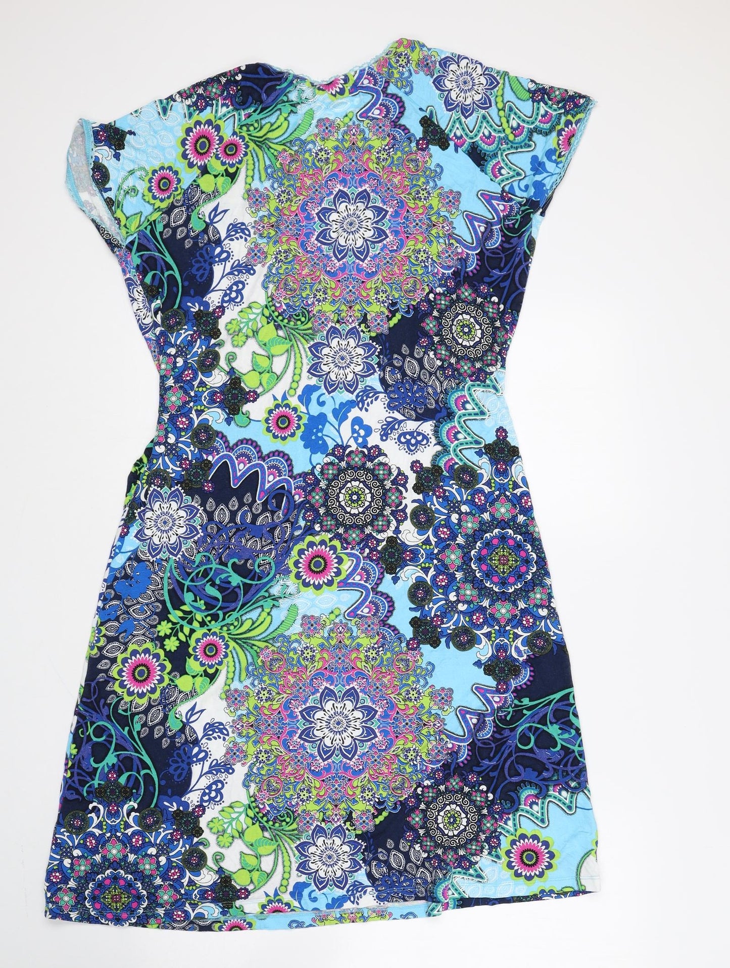 Joe Browns Womens Blue Geometric Viscose A-Line Size 16 V-Neck Pullover