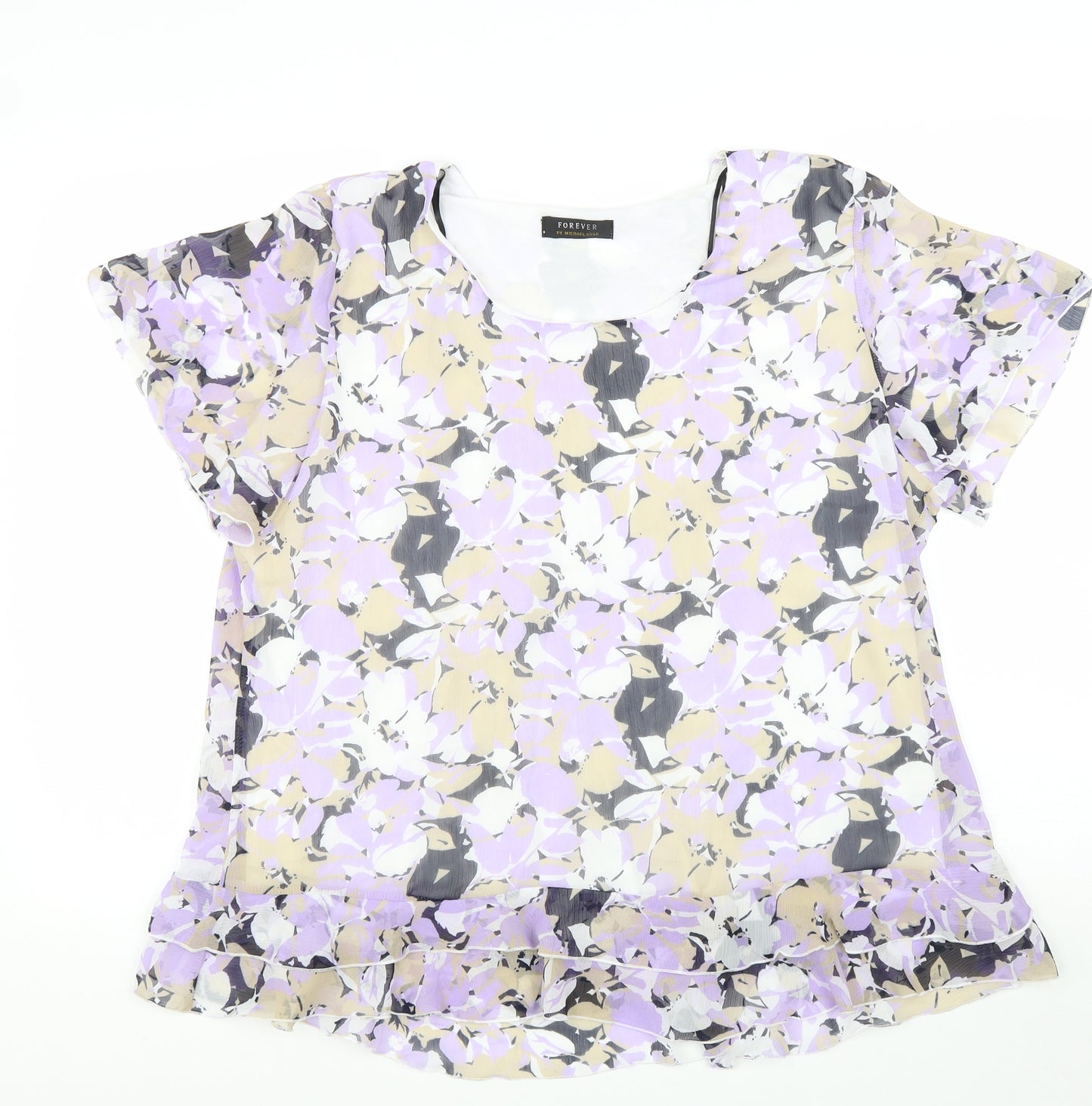 Forever Womens Purple Floral Polyester Basic T-Shirt Size XL Scoop Neck