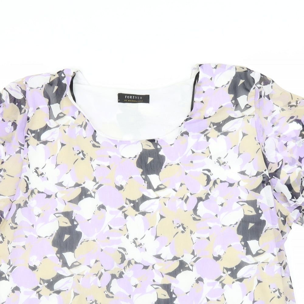 Forever Womens Purple Floral Polyester Basic T-Shirt Size XL Scoop Neck