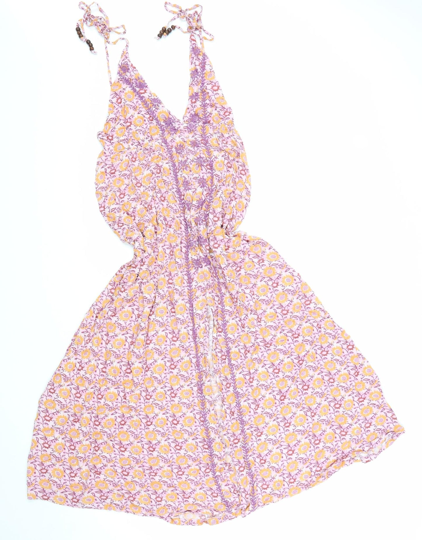 Pull&Bear Womens Pink Geometric Viscose Skater Dress Size M V-Neck Pullover