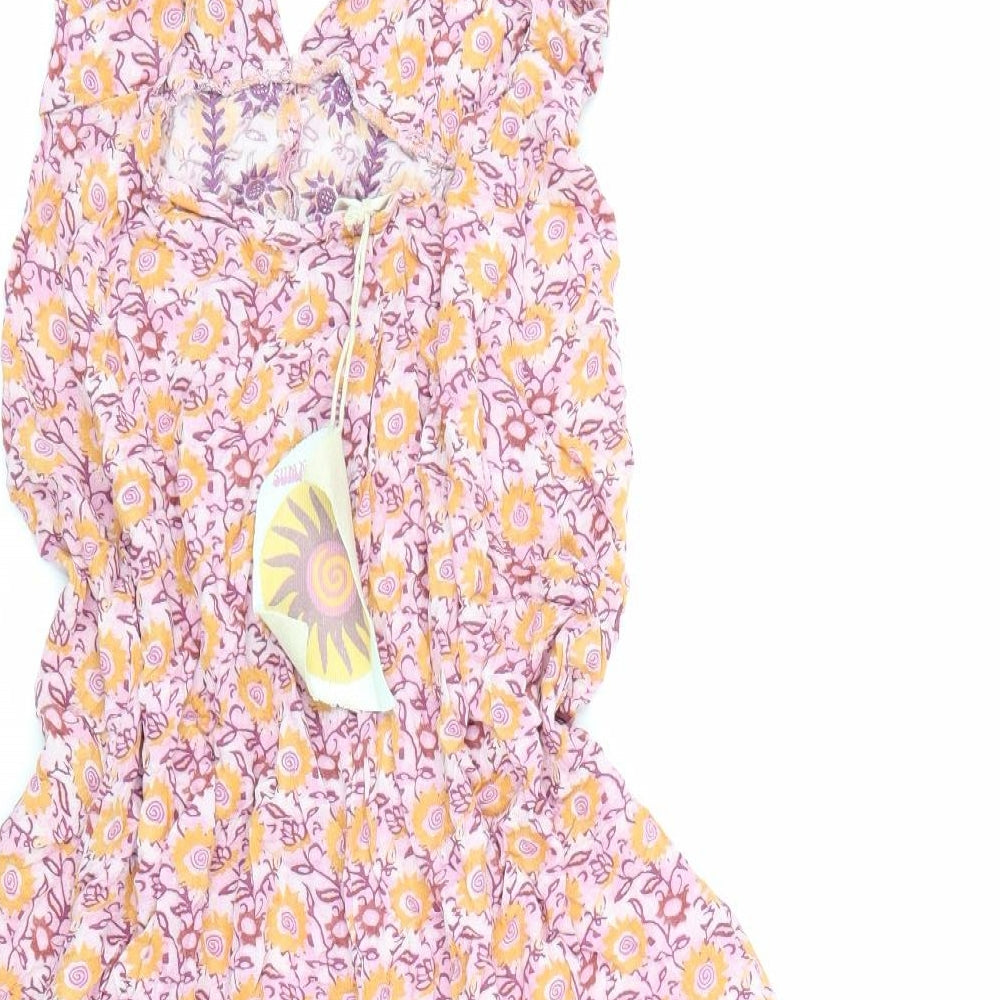 Pull&Bear Womens Pink Geometric Viscose Skater Dress Size M V-Neck Pullover