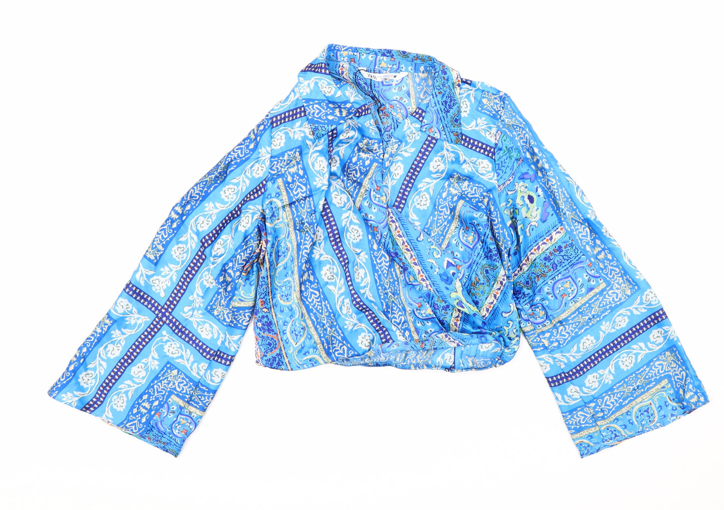 Zara Womens Blue Geometric Polyester Cropped Blouse Size M Collared