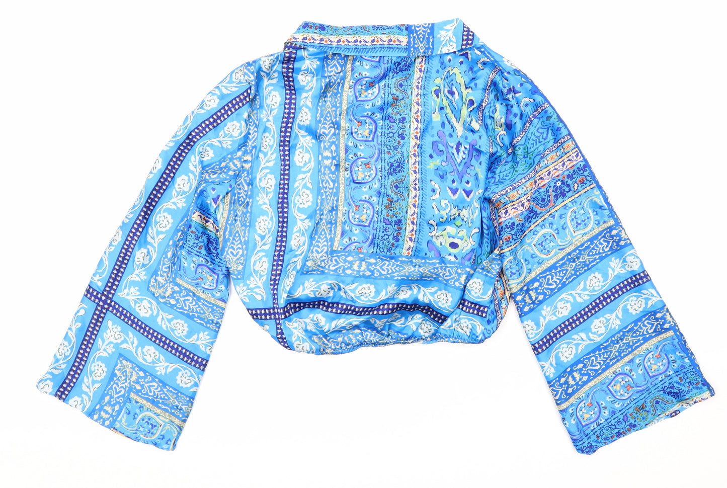 Zara Womens Blue Geometric Polyester Cropped Blouse Size M Collared
