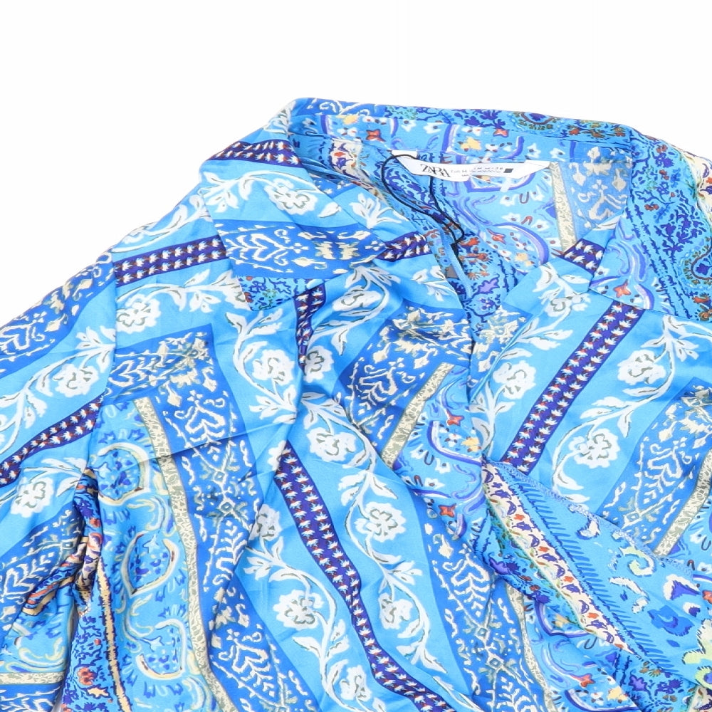 Zara Womens Blue Geometric Polyester Cropped Blouse Size M Collared