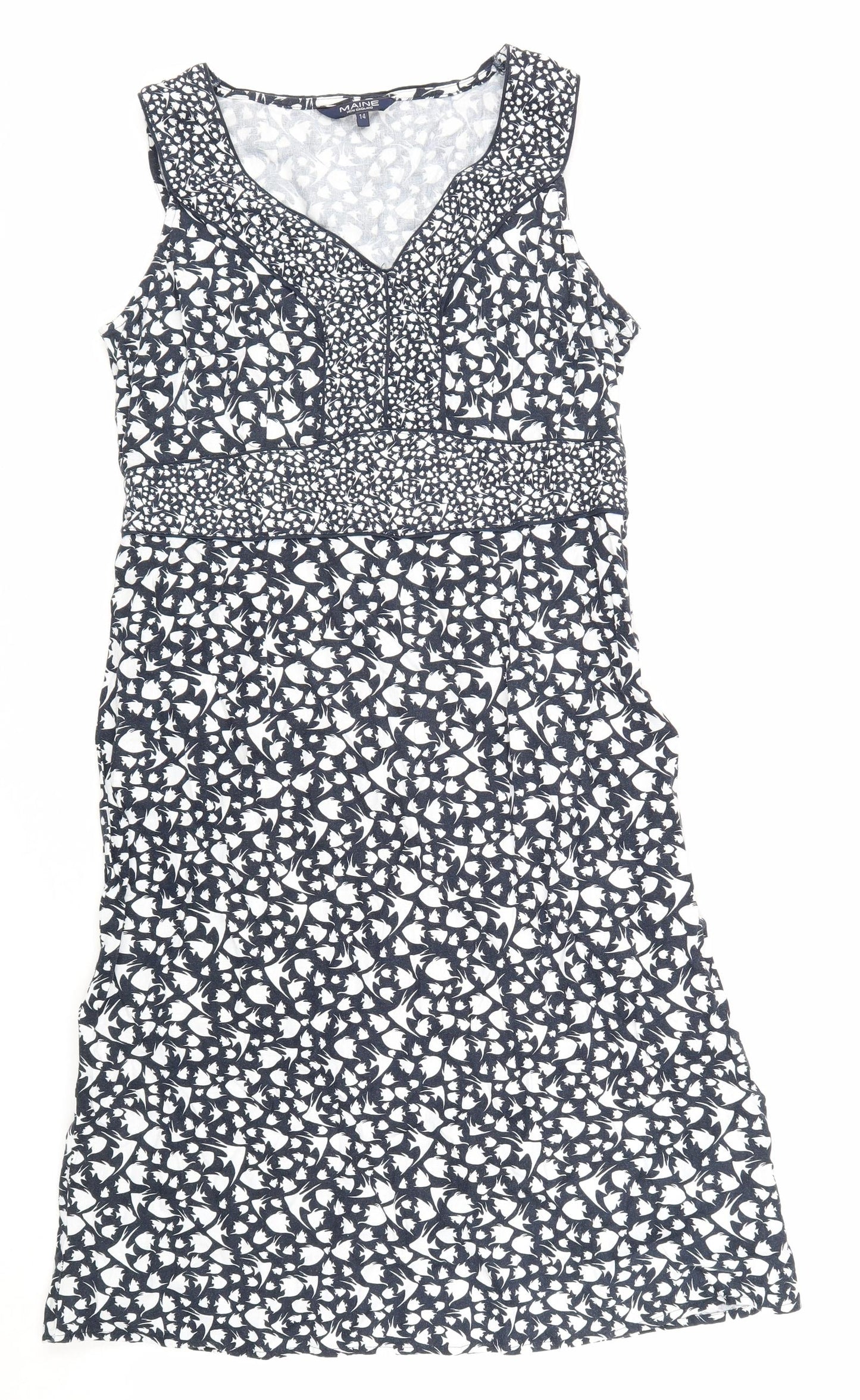 Maine Womens Blue Floral Linen Tank Dress Size 12 V-Neck Zip