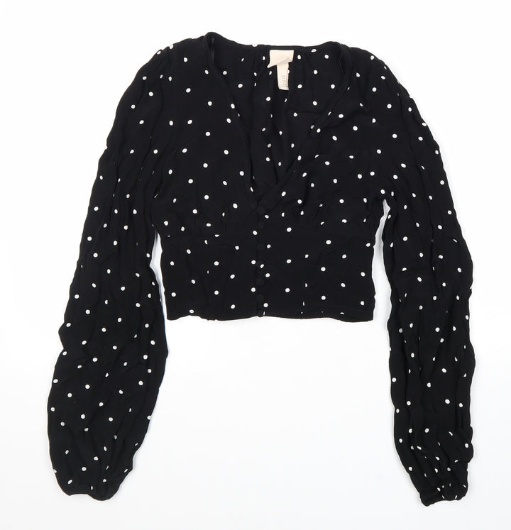 H&M Womens Black Polka Dot Viscose Cropped Blouse Size 4 V-Neck