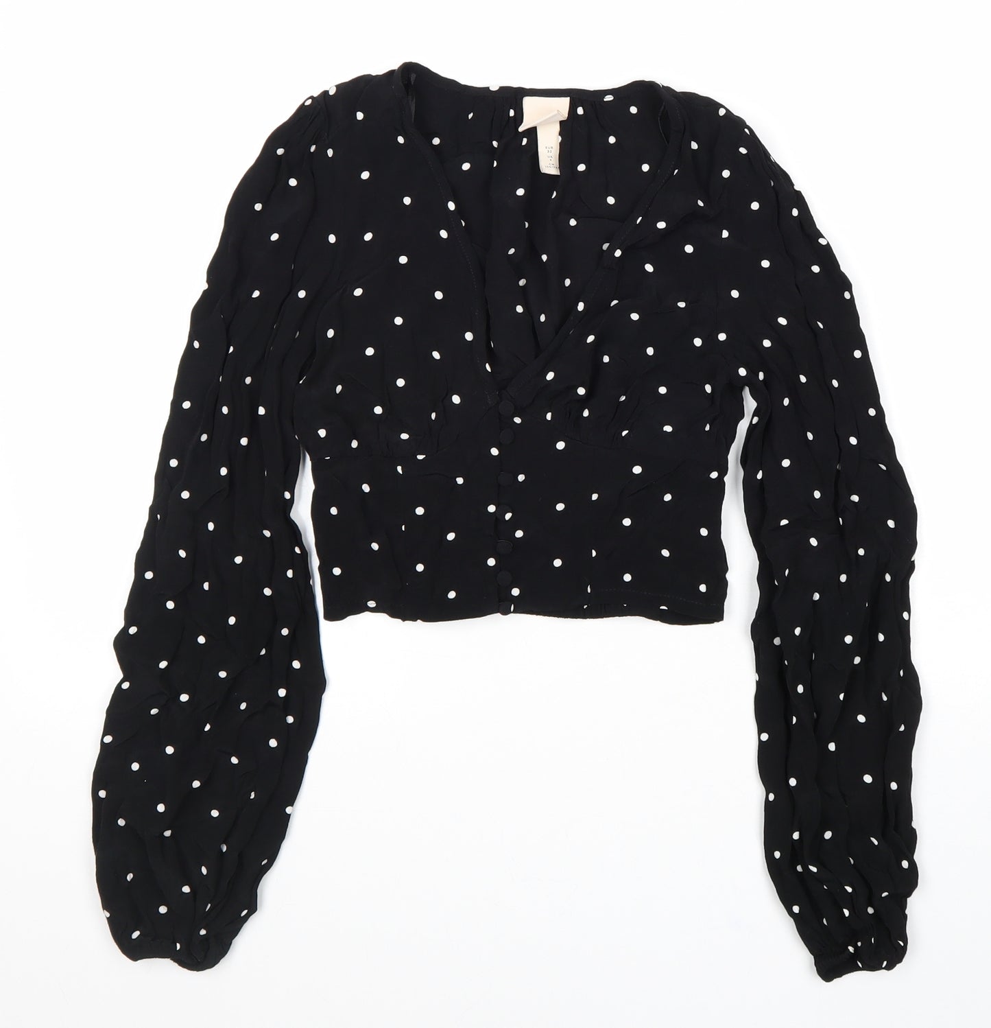 H&M Womens Black Polka Dot Viscose Cropped Blouse Size 4 V-Neck