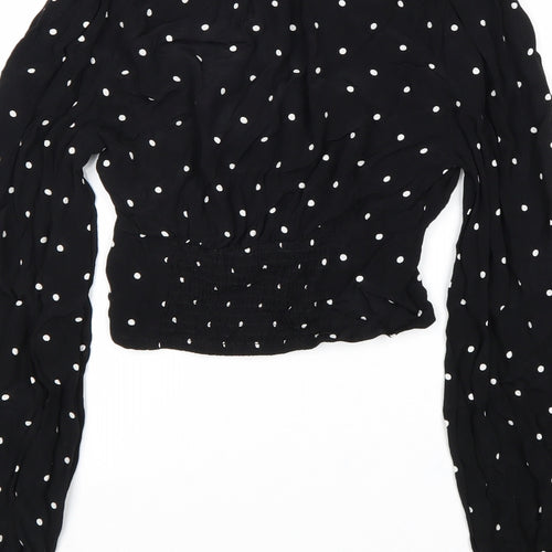 H&M Womens Black Polka Dot Viscose Cropped Blouse Size 4 V-Neck