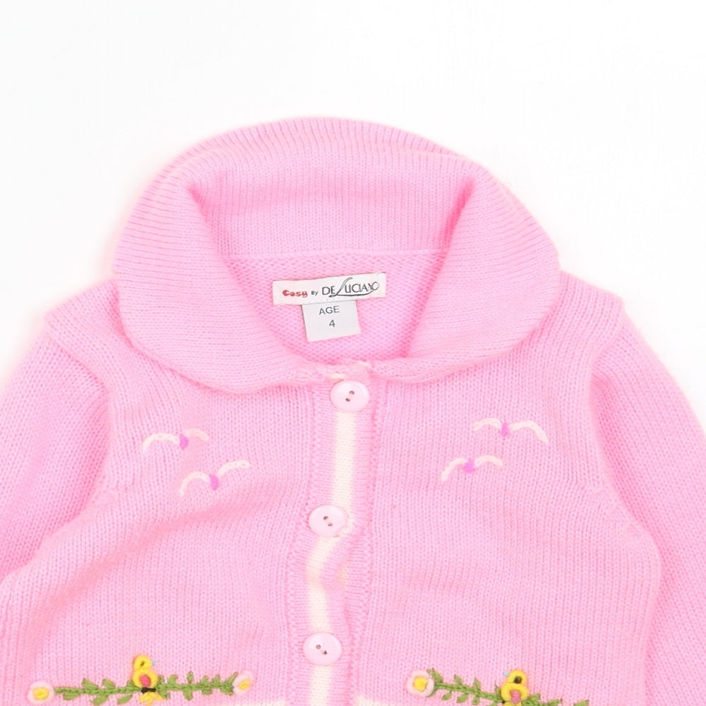 Cosy Girls Pink Collared Acrylic Cardigan Jumper Size 4 Years Button