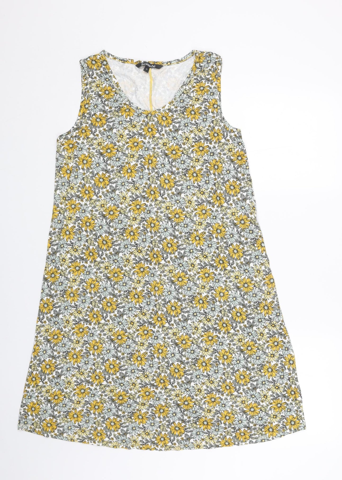 Bonmarché Womens Yellow Floral Viscose Shift Size 12 V-Neck Pullover