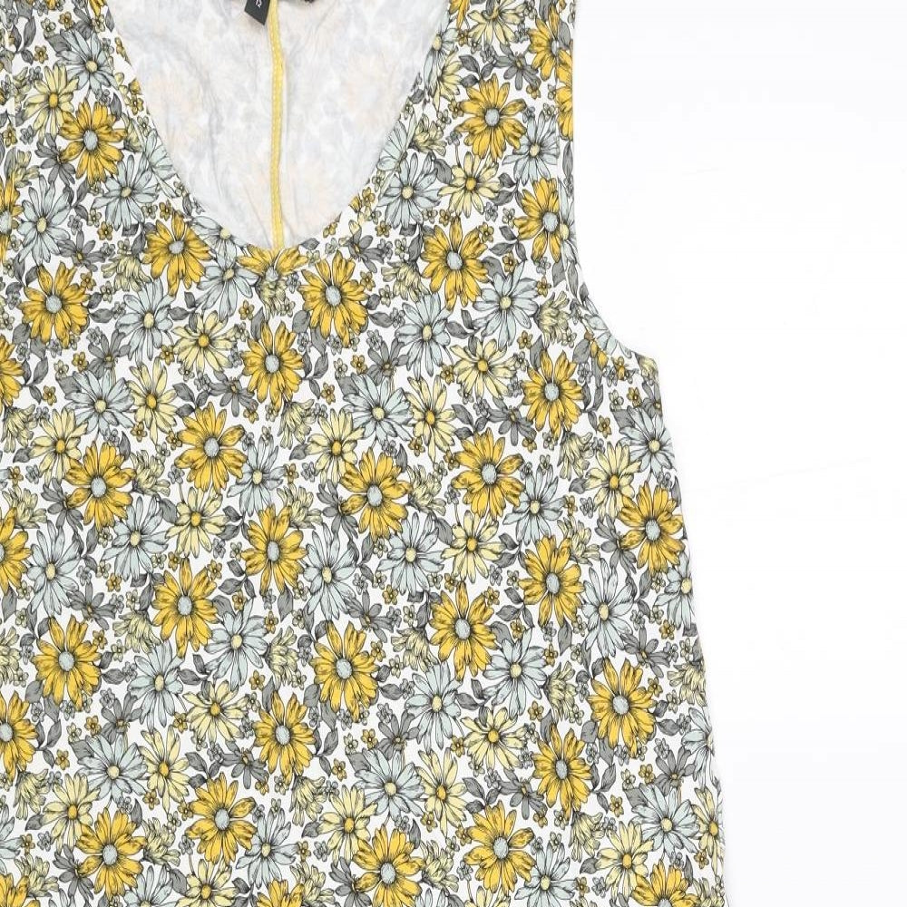 Bonmarché Womens Yellow Floral Viscose Shift Size 12 V-Neck Pullover