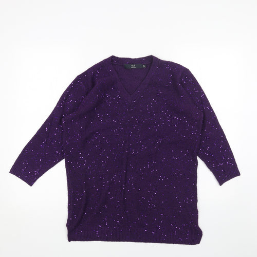ISLE Womens Purple V-Neck Acrylic Pullover Jumper Size M