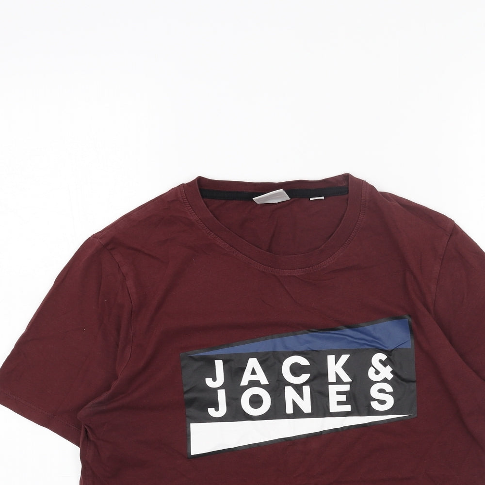 JACK & JONES Mens Red Cotton T-Shirt Size L Round Neck