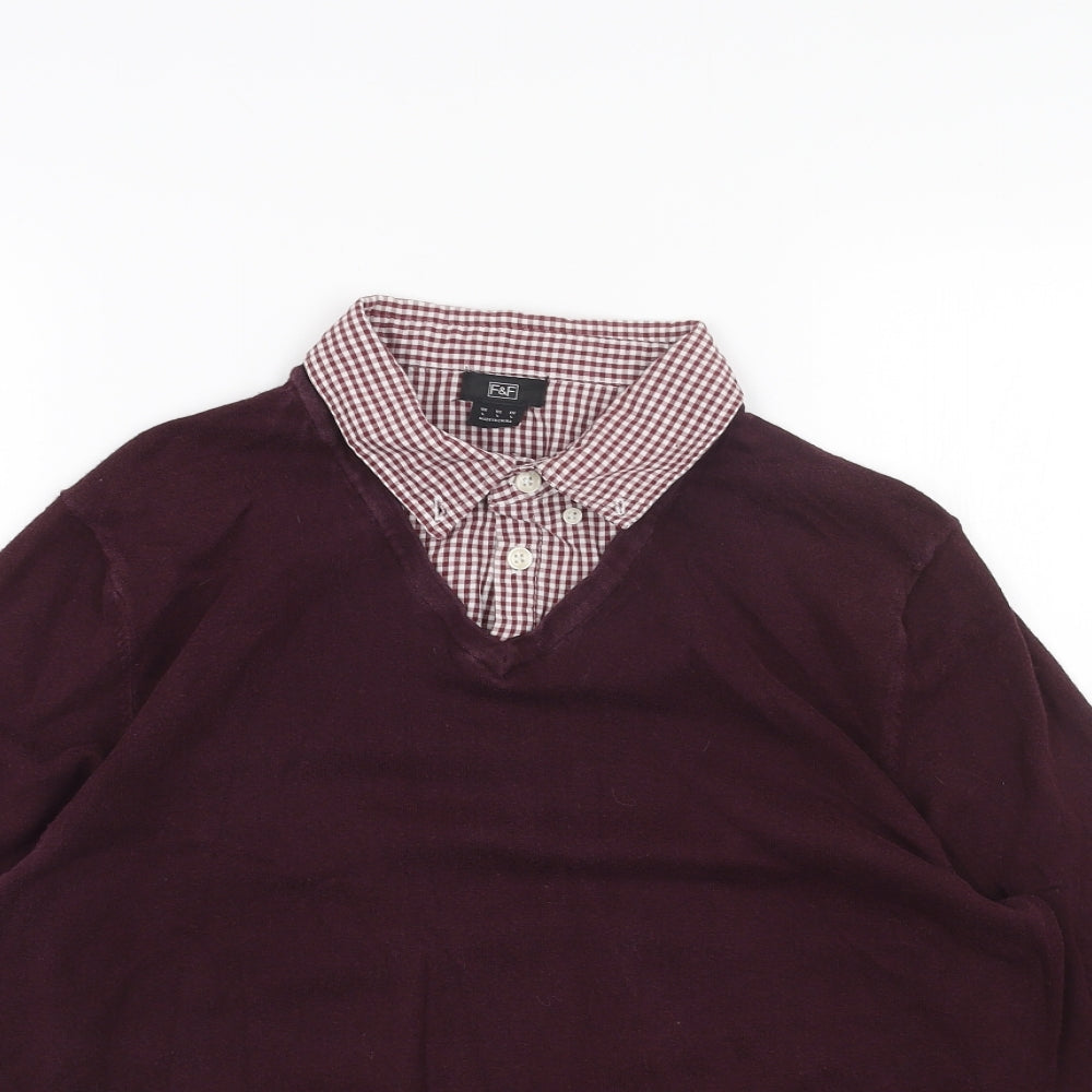 F&F Mens Red Collared Plaid Acrylic Pullover Jumper Size L
