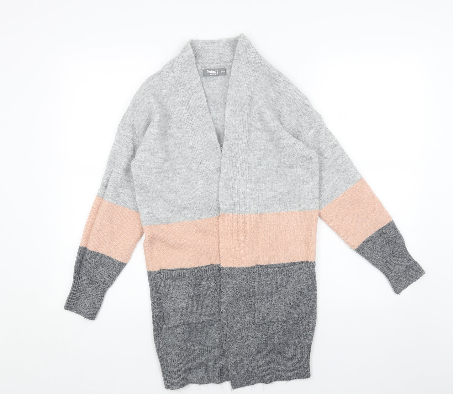Nutmeg Womens Grey V-Neck Striped Acrylic Cardigan Jumper Size 8
