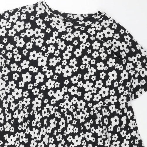 New Look Womens Black Floral Cotton Trapeze & Swing Size 10 Boat Neck Pullover