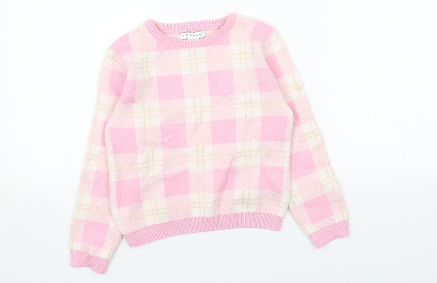 Primark Girls Pink Round Neck Plaid Acrylic Pullover Jumper Size 6-7 Years Pullover