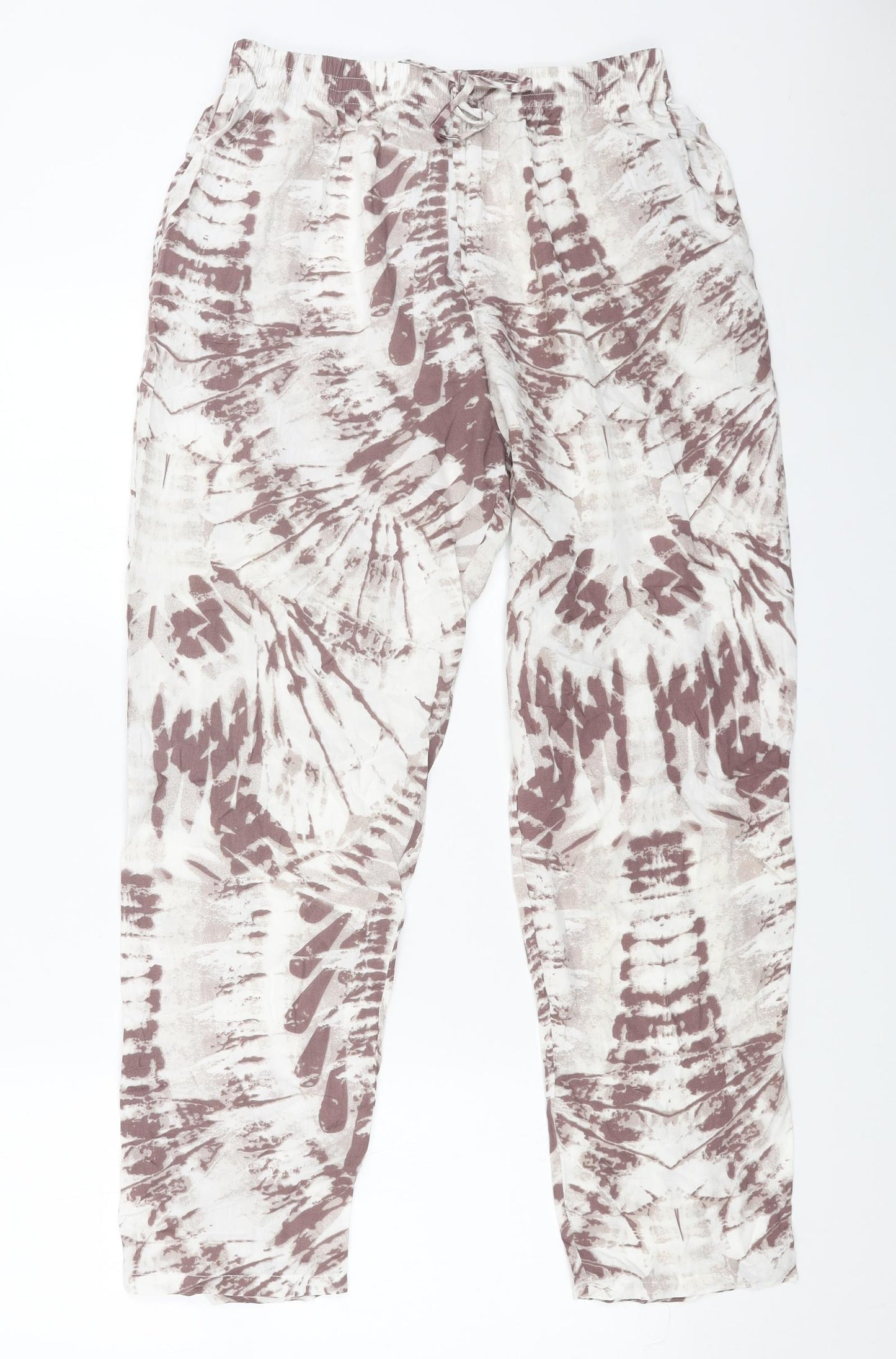 Saloos Womens White Geometric Viscose Trousers Size 14 L26 in Regular Drawstring