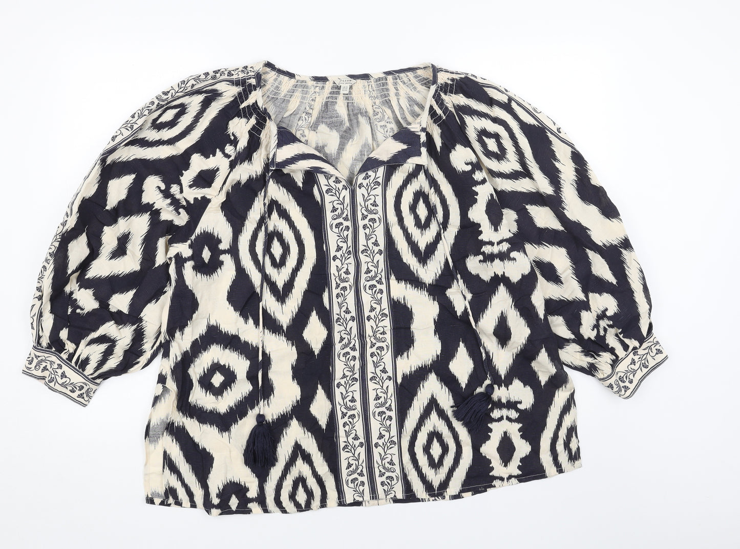 Jigsaw Womens Blue Geometric Linen Basic Blouse Size 14 V-Neck
