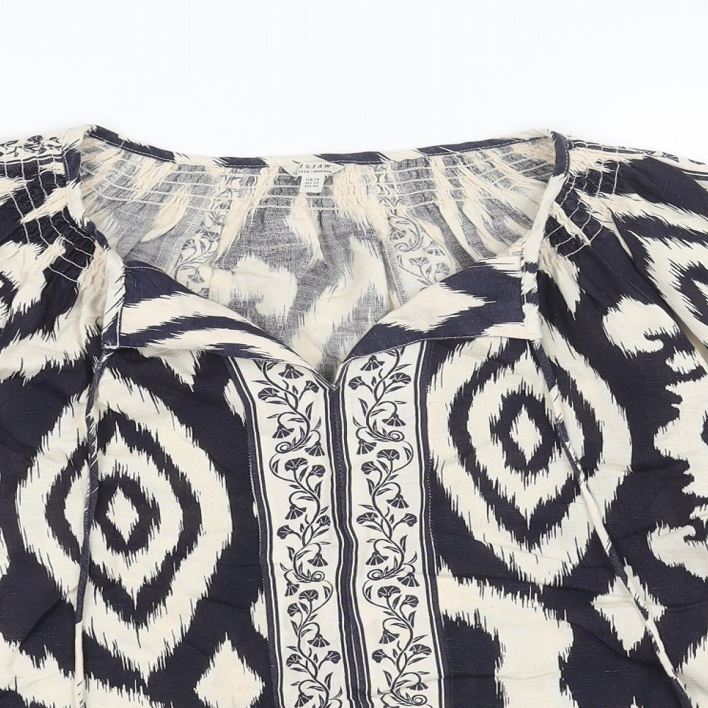 Jigsaw Womens Blue Geometric Linen Basic Blouse Size 14 V-Neck