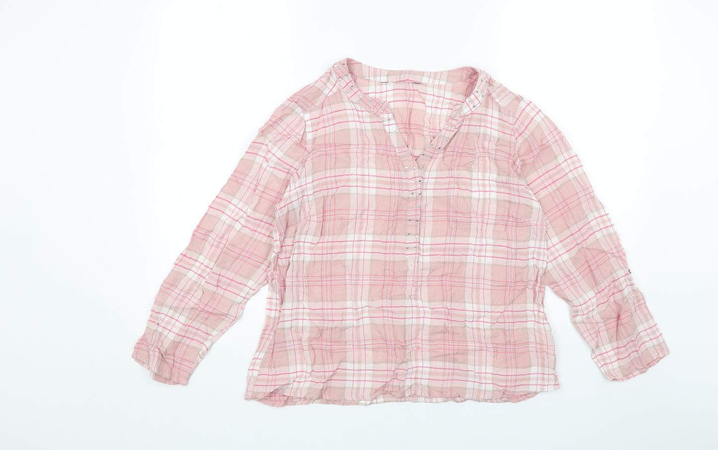 Bonmarché Womens Pink Plaid Viscose Basic Blouse Size 12 V-Neck