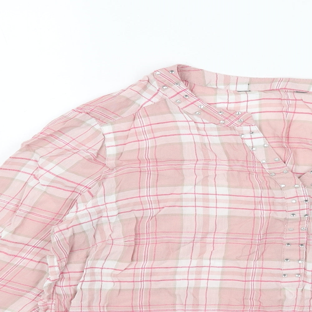 Bonmarché Womens Pink Plaid Viscose Basic Blouse Size 12 V-Neck