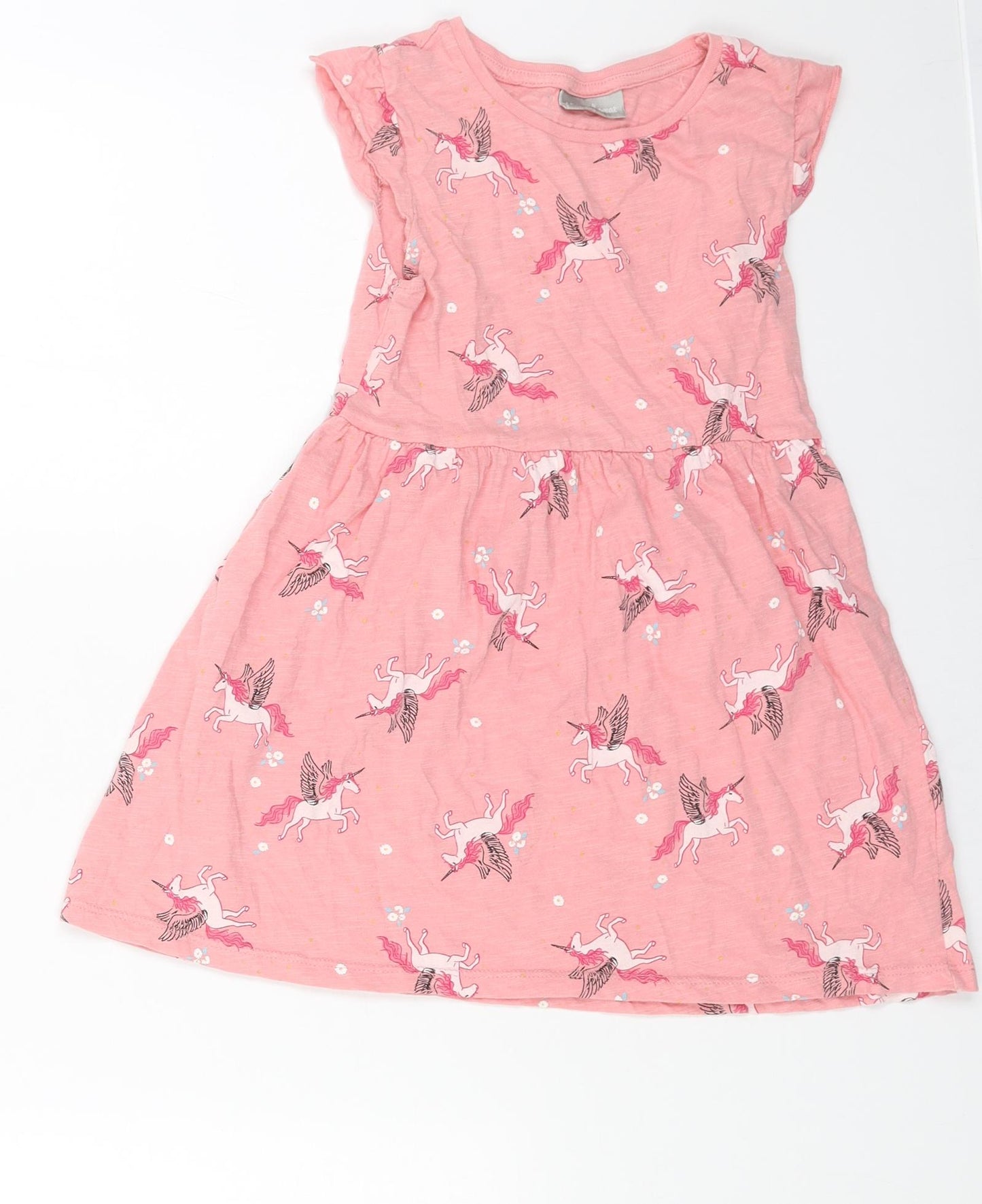 Matalan Girls Pink Geometric Cotton T-Shirt Dress Size 6 Years Round Neck Pullover - Unicorn