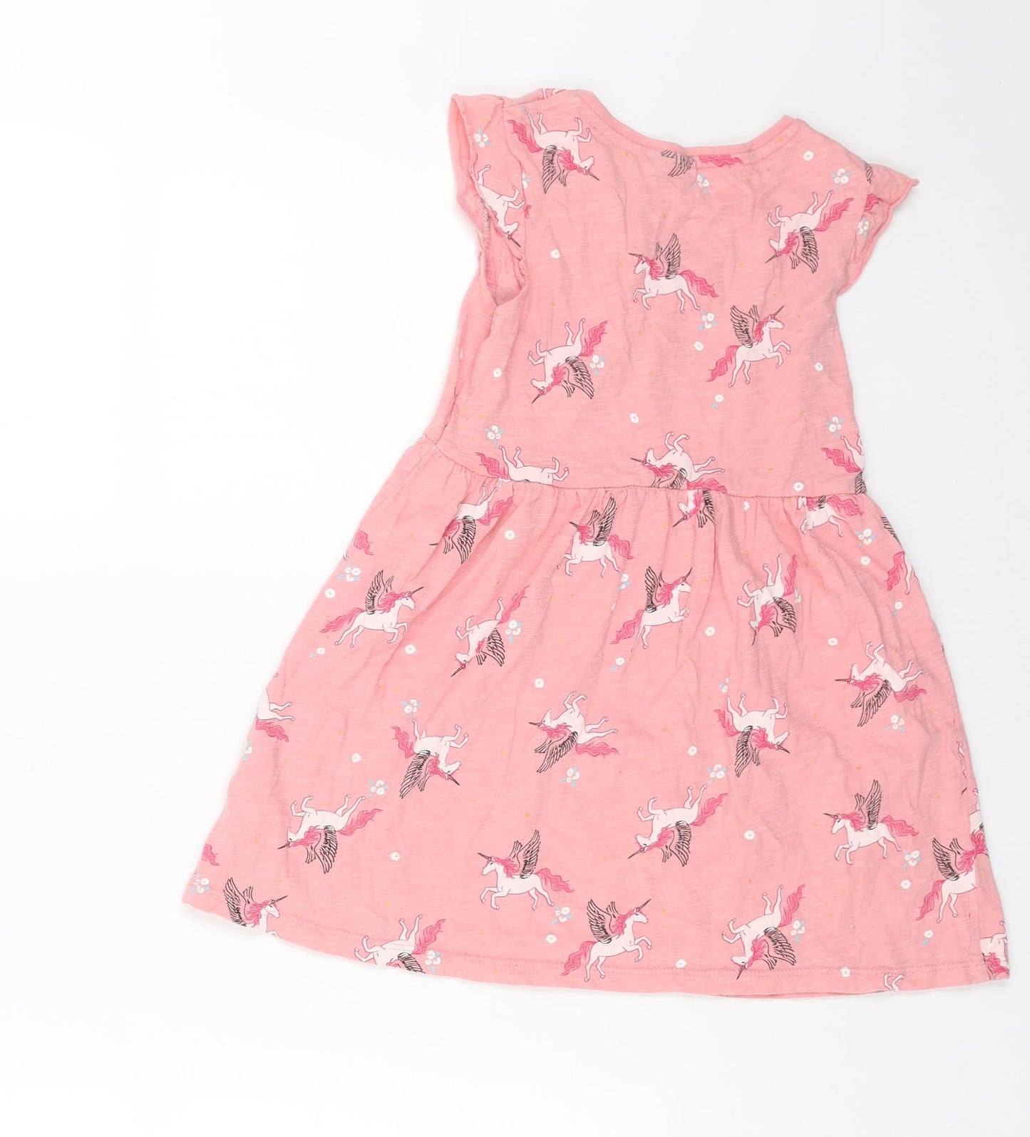 Matalan Girls Pink Geometric Cotton T-Shirt Dress Size 6 Years Round Neck Pullover - Unicorn