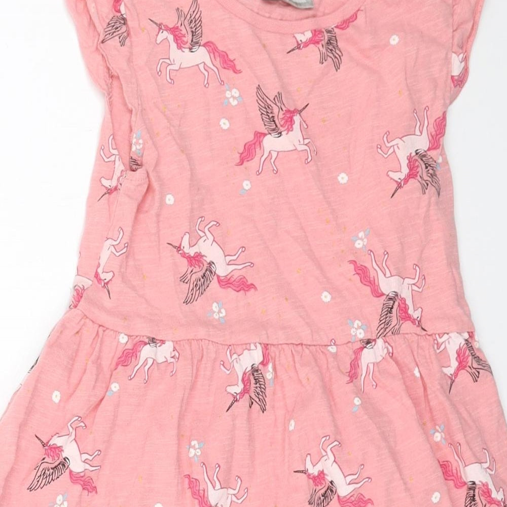 Matalan Girls Pink Geometric Cotton T-Shirt Dress Size 6 Years Round Neck Pullover - Unicorn