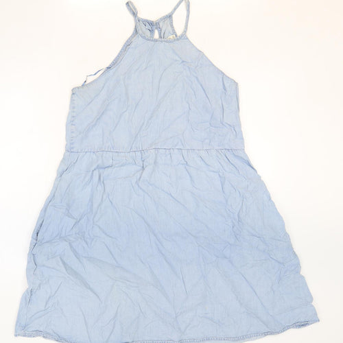 Mango Womens Blue Lyocell Fit & Flare Size M Round Neck Button