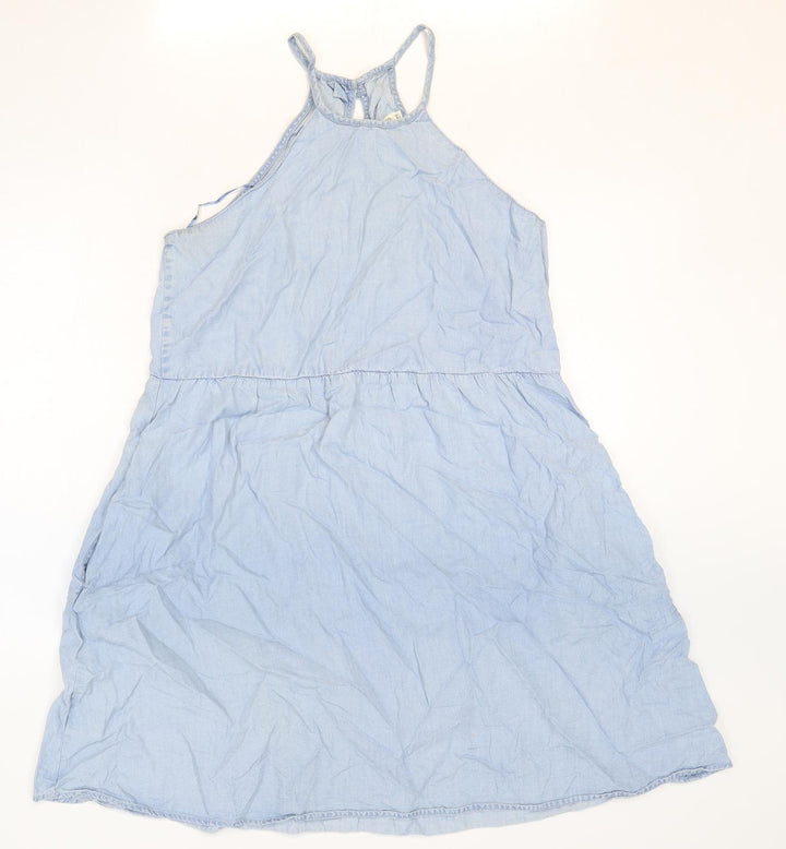 Mango Womens Blue Lyocell Fit & Flare Size M Round Neck Button