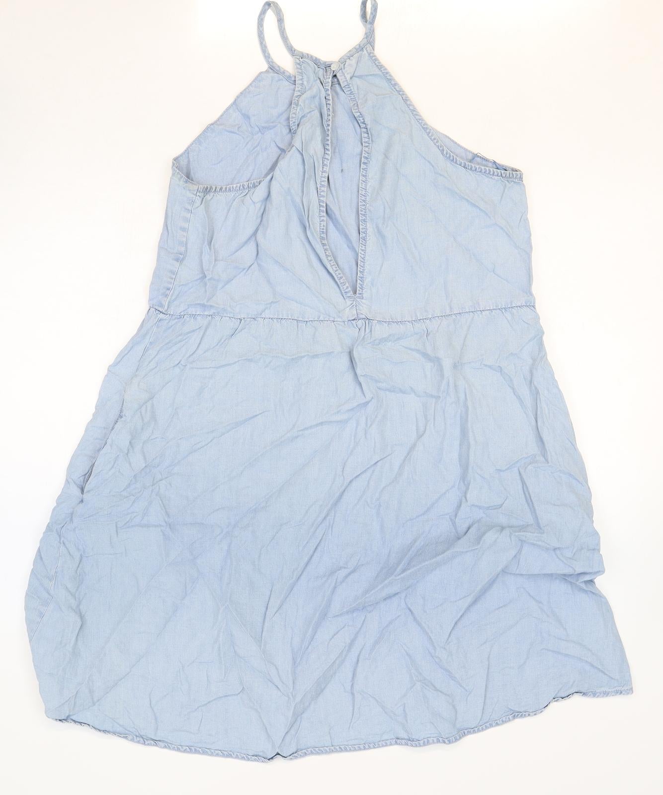 Mango Womens Blue Lyocell Fit & Flare Size M Round Neck Button