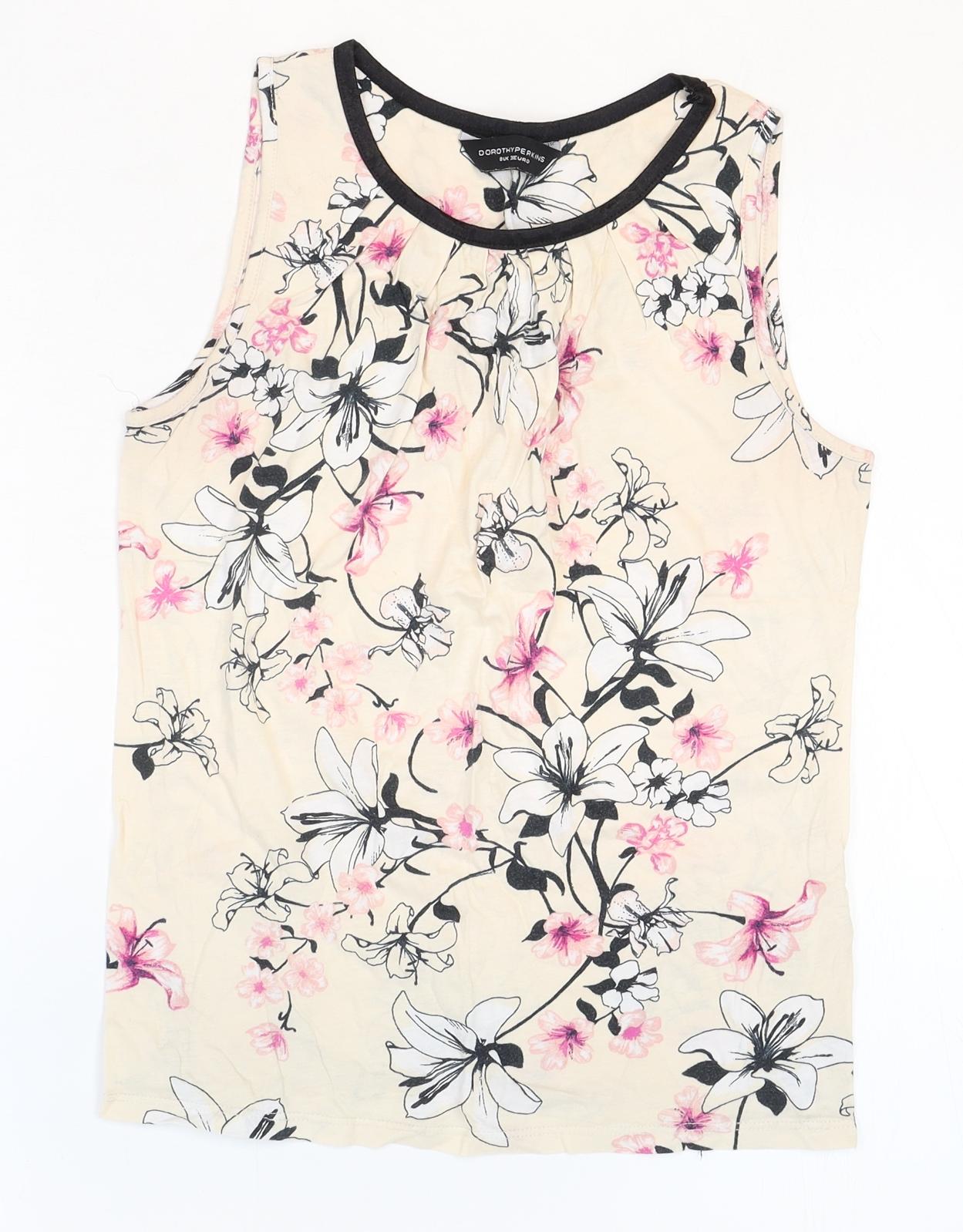 Dorothy Perkins Womens Beige Floral 100% Cotton Basic Tank Size 8 Round Neck