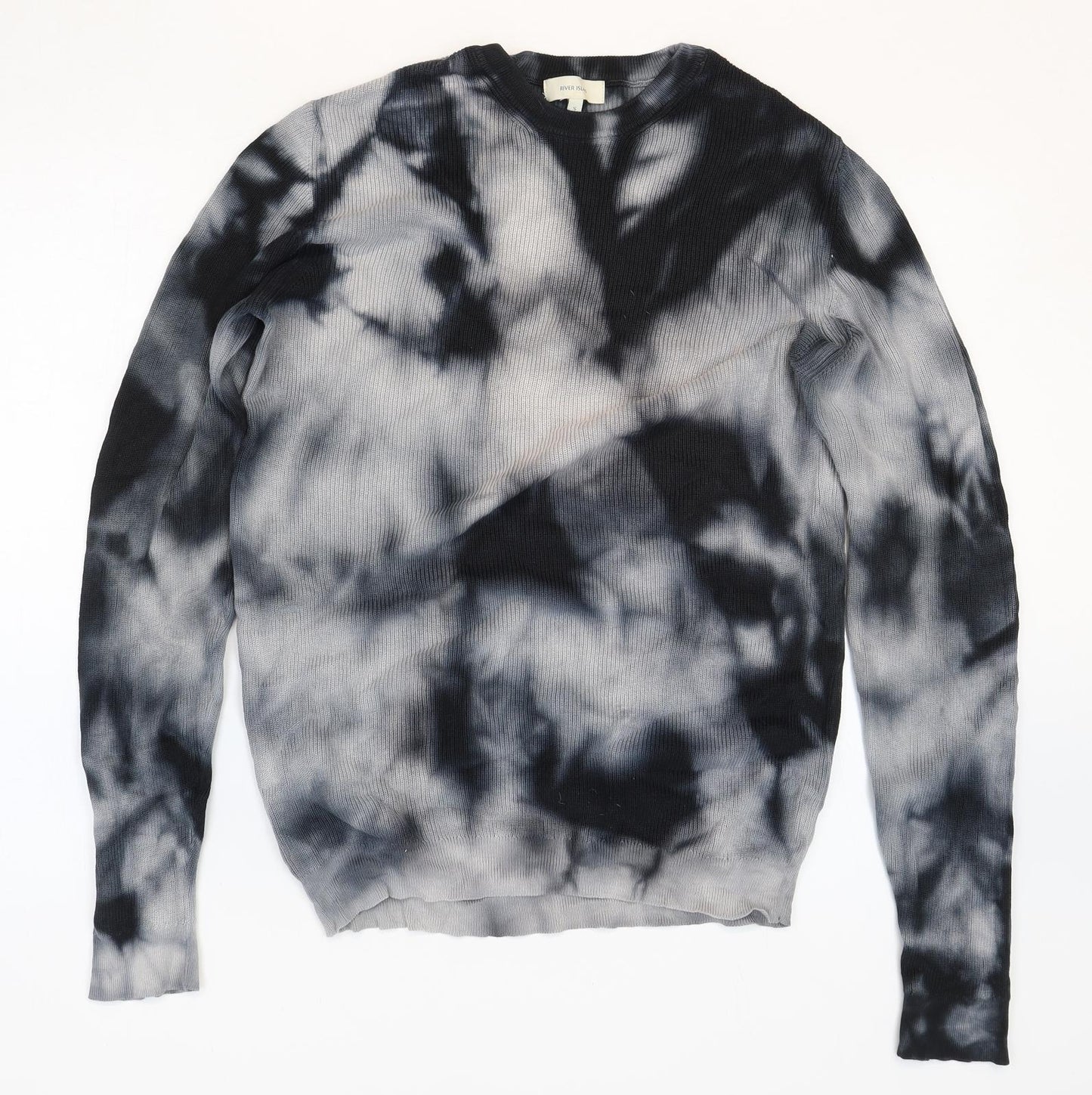 River Island Mens Grey Round Neck Geometric Cotton Pullover Jumper Size S - Tie Dye Pattern