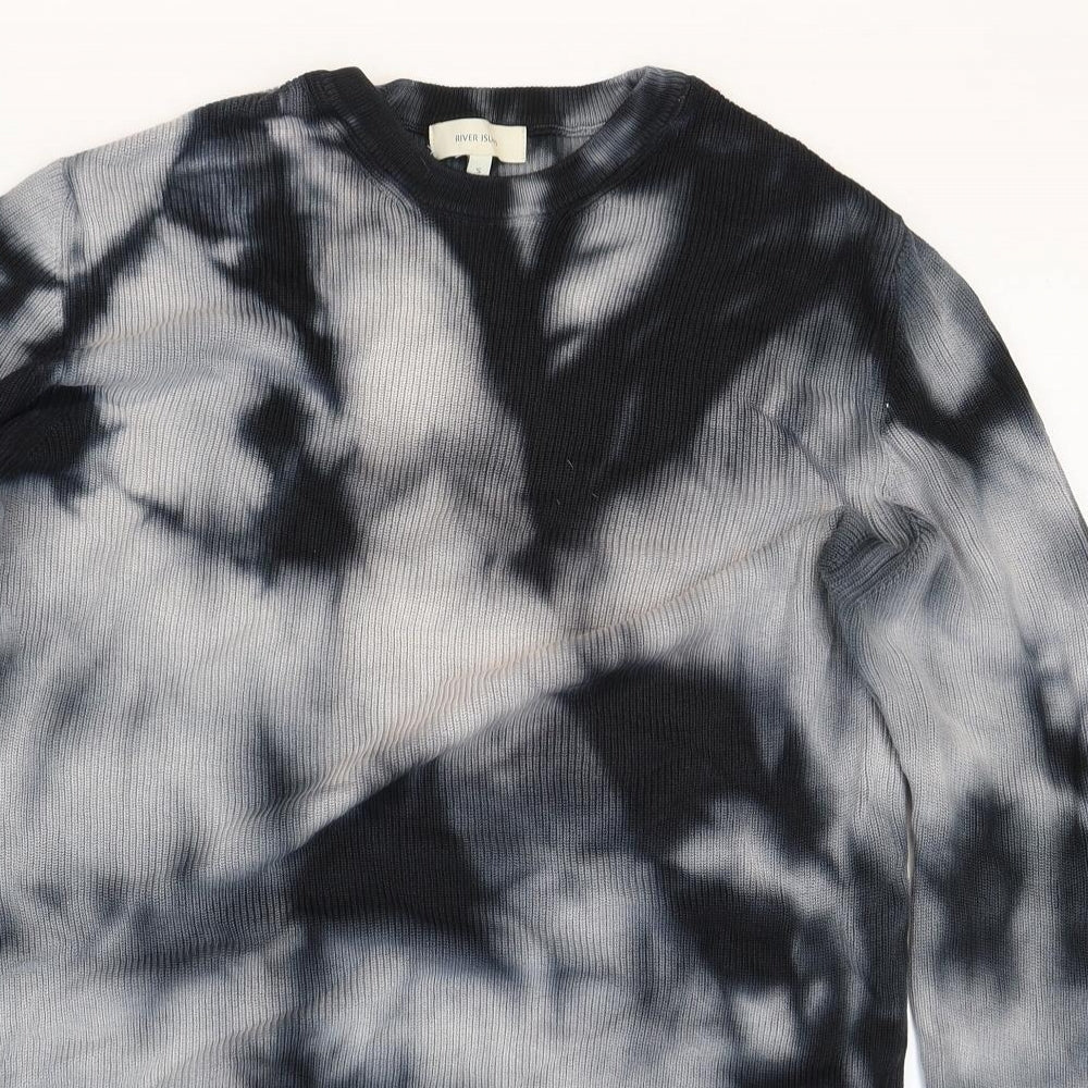 River Island Mens Grey Round Neck Geometric Cotton Pullover Jumper Size S - Tie Dye Pattern
