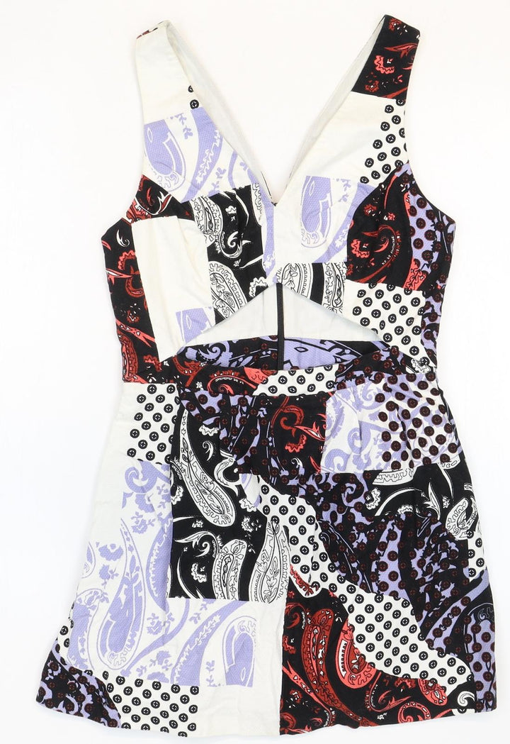 Topshop Womens Multicoloured Geometric Cotton Mini Size 6 V-Neck Zip